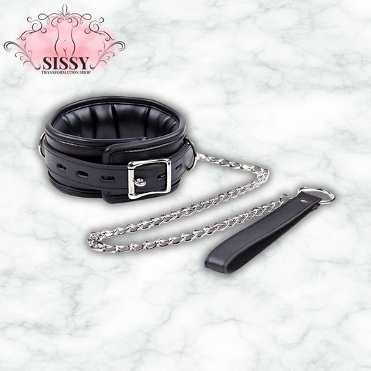 Collier de soumission BDSM en cuir noir avec chaîne et poignée pour accessoires BDSM