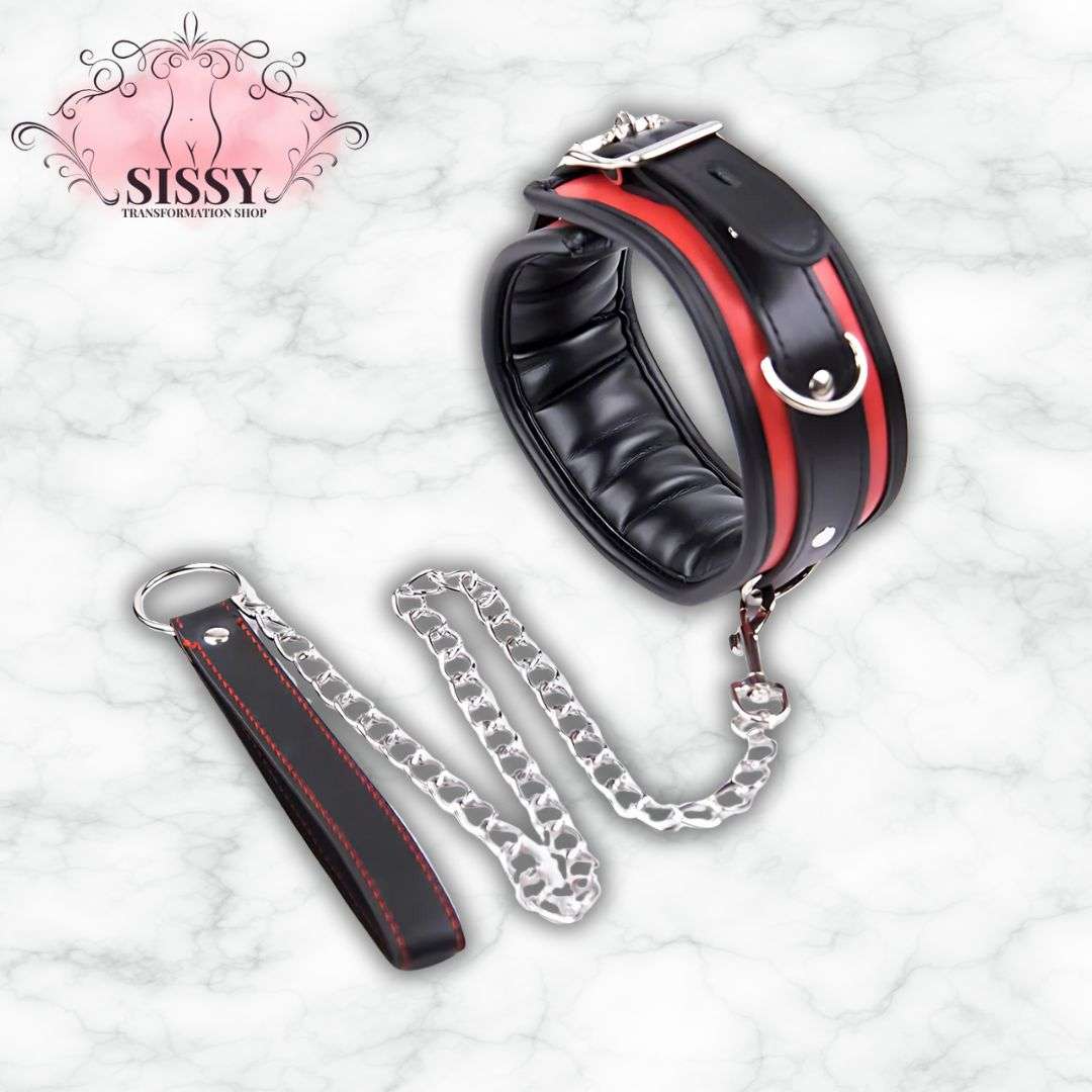 Collier de soumission BDSM en cuir noir et rouge avec laisse en chaîne argentée