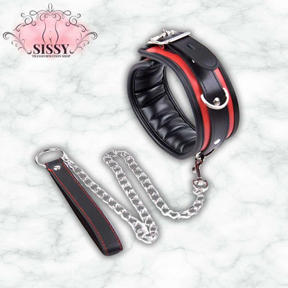 Collier de soumission BDSM en cuir noir et rouge avec laisse en chaîne argentée