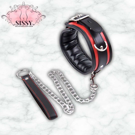 Collier de soumission BDSM en cuir noir et rouge avec laisse en chaîne argentée