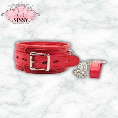 Collier de soumission BDSM en cuir rouge avec boucle métal et chaîne, Accessoires Sissy Transformation Shop