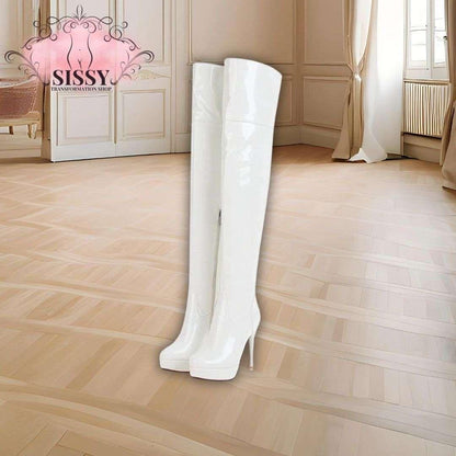 Cuissardes à Talon Sissy blanches en cuir verni haute qualité avec talons aiguilles élégants
