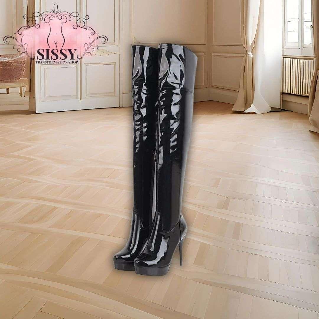 Cuissardes à Talon Sissy noires brillantes en cuir verni avec talon aiguille haut