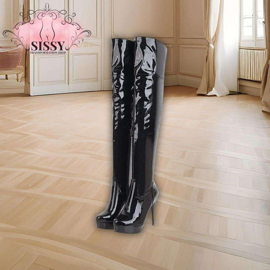 Cuissardes à Talon Sissy noires brillantes en cuir verni avec talon aiguille haut