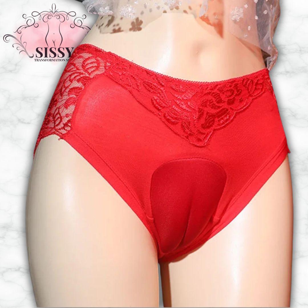 Culotte Gaff Sissy Avec Effet Camel Toe en rouge avec dentelle élégante pour un look séduisant