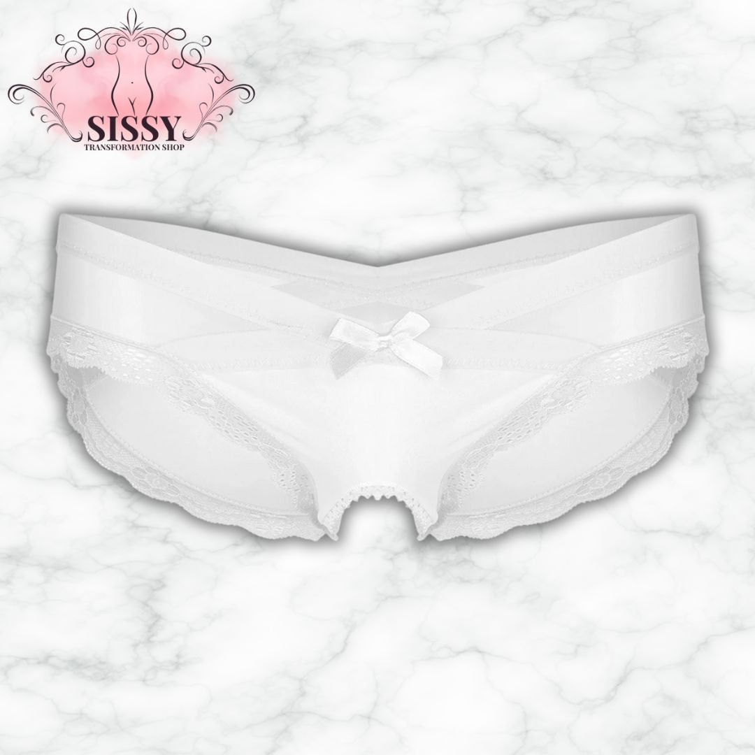 Culotte ouverte sissy en dentelle transparente blanche avec nœud décoratif pour une allure séduisante