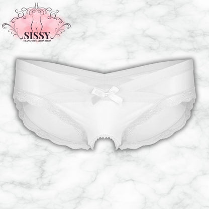 Culotte ouverte sissy en dentelle transparente blanche avec nœud décoratif pour une allure séduisante