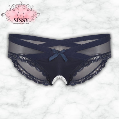 Culotte ouverte sissy en dentelle transparente bleue avec détails en satin et nœud décoratif