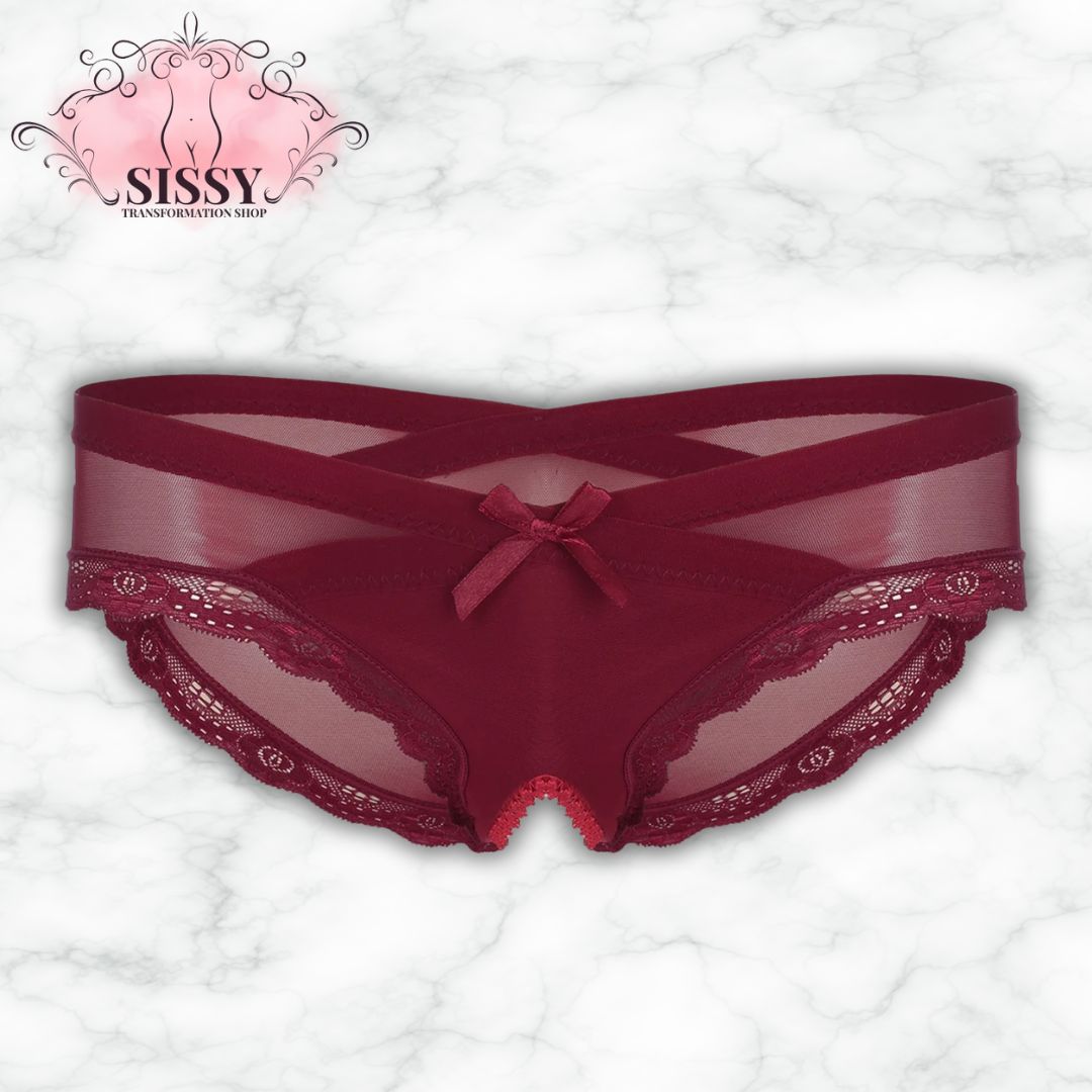 Culotte ouverte sissy en dentelle transparente à la couleur bordeaux avec un joli nœud au centre