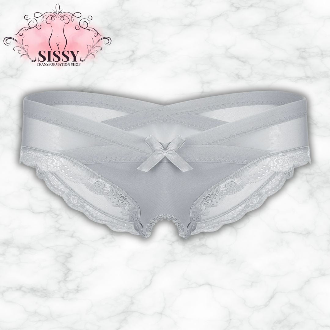 Culotte ouverte sissy en dentelle transparente grise avec nœud décoratif sur le devant