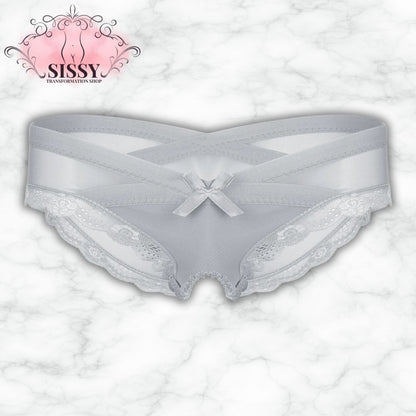 Culotte ouverte sissy en dentelle transparente grise avec nœud décoratif sur le devant