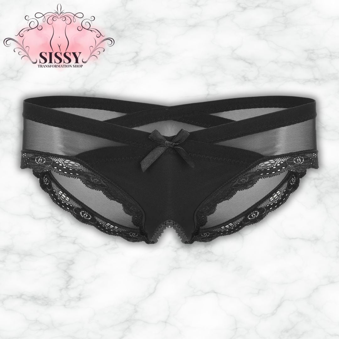 Culotte ouverte sissy en dentelle transparente avec un design élégant et des détails en satin noir