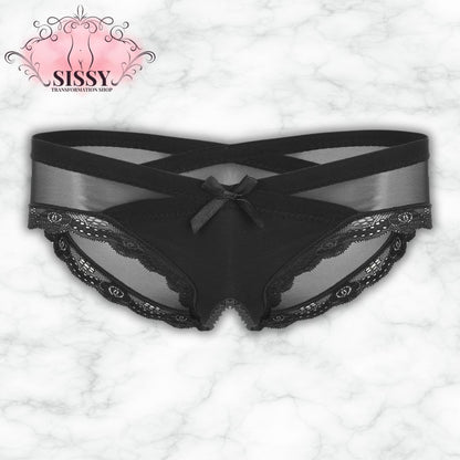 Culotte ouverte sissy en dentelle transparente avec un design élégant et des détails en satin noir
