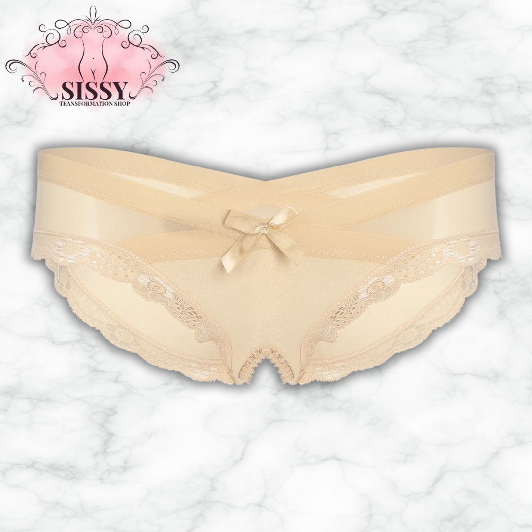 Culotte ouverte sissy en dentelle transparente de couleur nude avec un nœud délicat