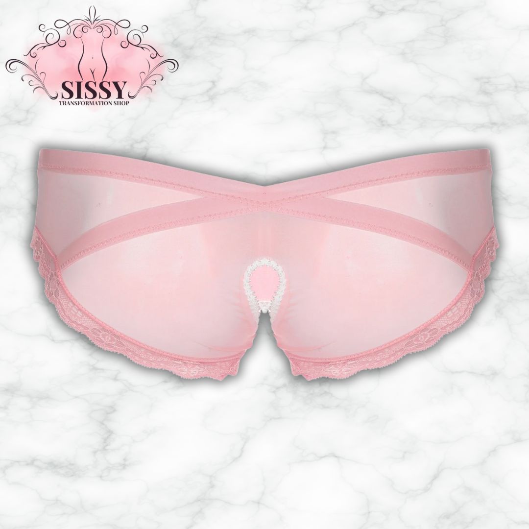 Culotte ouverte sissy en dentelle transparente rose avec un design élégant et sexy