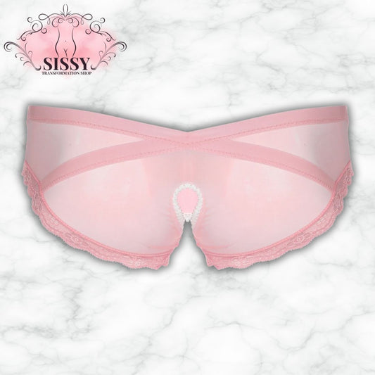 Culotte ouverte sissy en dentelle transparente rose avec un design élégant et sexy