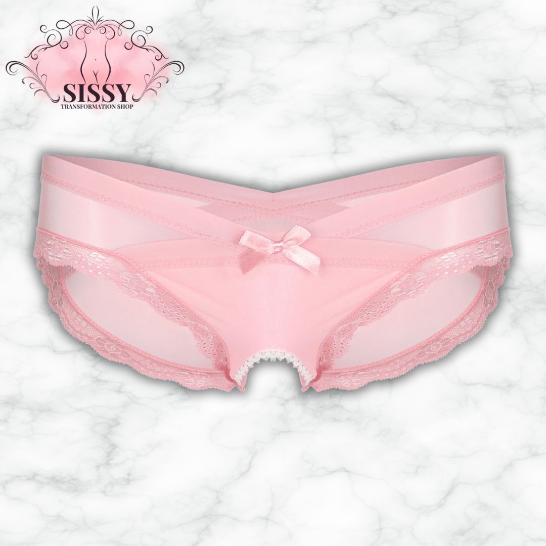 Culotte ouverte sissy en dentelle transparente de couleur rose avec un noeud délicat