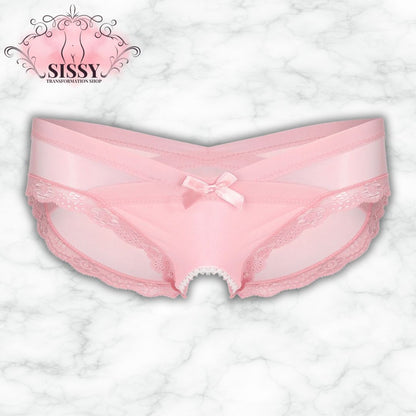 Culotte ouverte sissy en dentelle transparente de couleur rose avec un noeud délicat