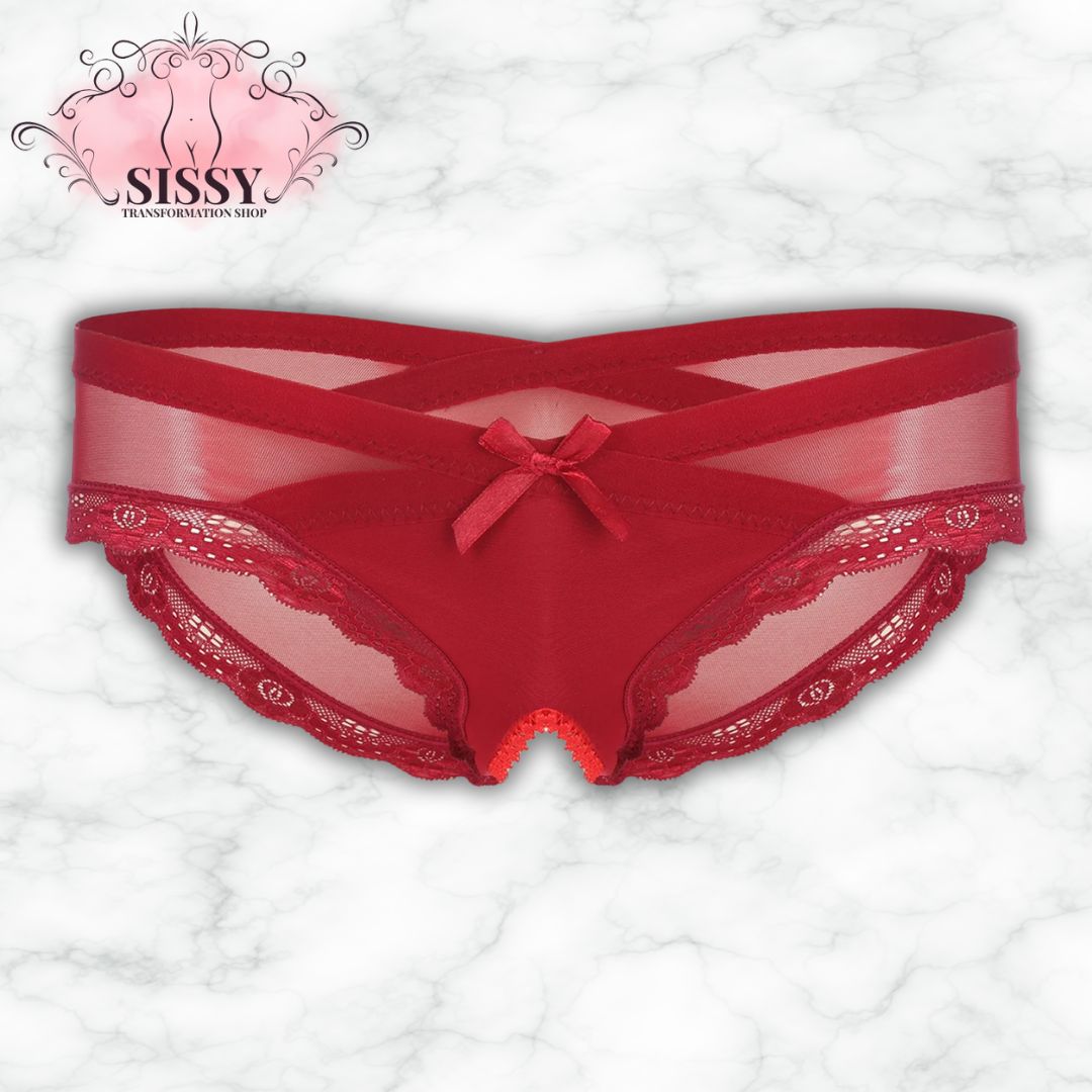 Culotte ouverte sissy en dentelle transparente rouge avec un nœud décoratif à l'avant