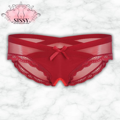 Culotte ouverte sissy en dentelle transparente rouge avec un nœud décoratif à l'avant