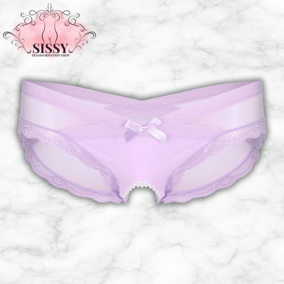 Culotte ouverte sissy en dentelle transparente de couleur lilas avec un nœud délicat