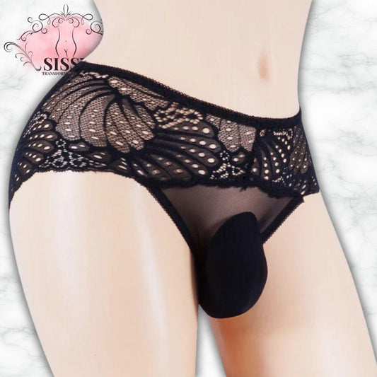 Culotte Sissy En Dentelle Avec Poche Frontale en noir, parfaite pour un confort élégant et audacieux.