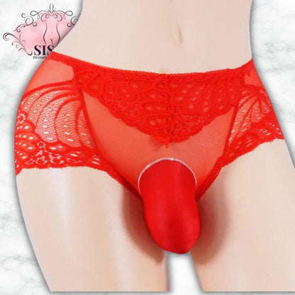 Culotte Sissy En Dentelle Avec Poche Frontale en rouge, légère et sexy pour une transformation élégante