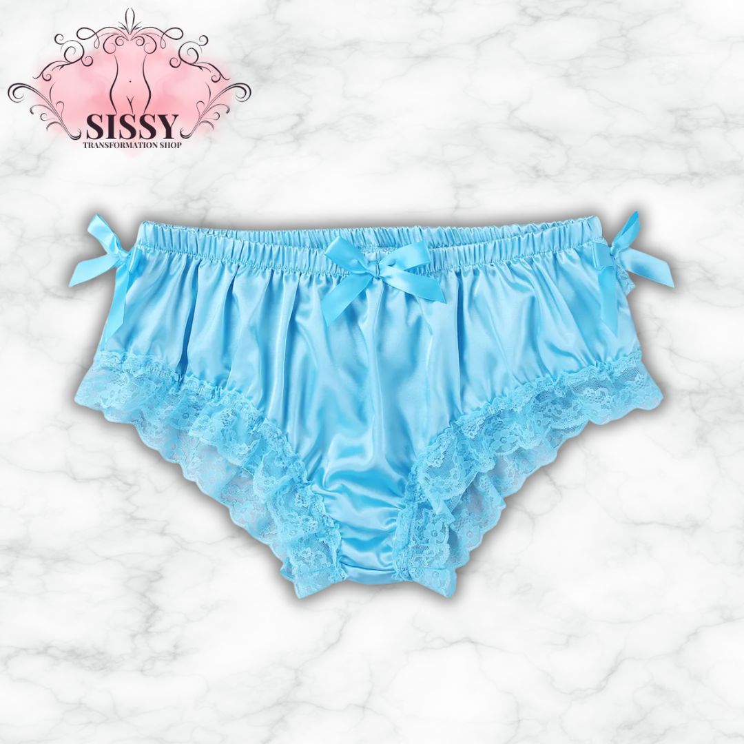 Culotte sissy en satin brillant et dentelle de couleur bleue avec des nœuds décoratifs