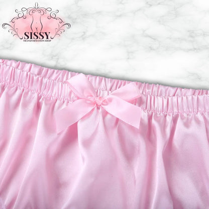 Culotte sissy en satin brillant et dentelle rose avec un nœud délicat à la taille