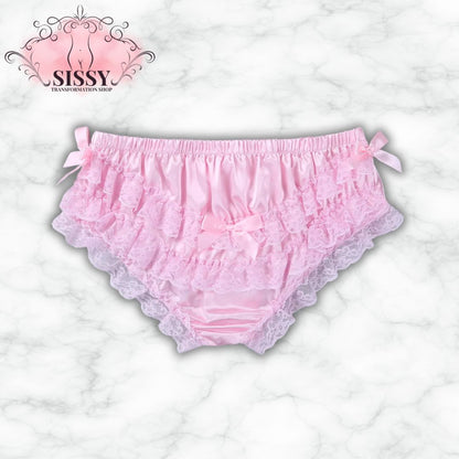 Culotte sissy en satin brillant et dentelle rose avec des volants et des nœuds délicats