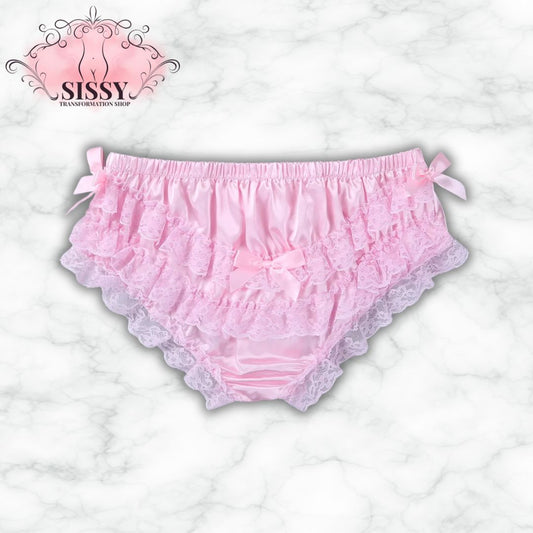 Culotte sissy en satin brillant et dentelle rose avec des volants et des nœuds délicats