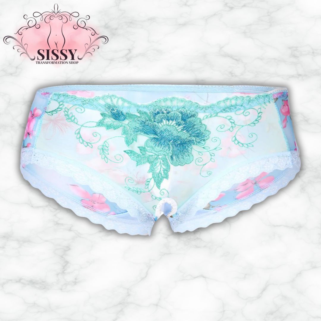 Culotte sissy transparente bleue avec décor floral vert de la boutique Sissy Transformation Shop