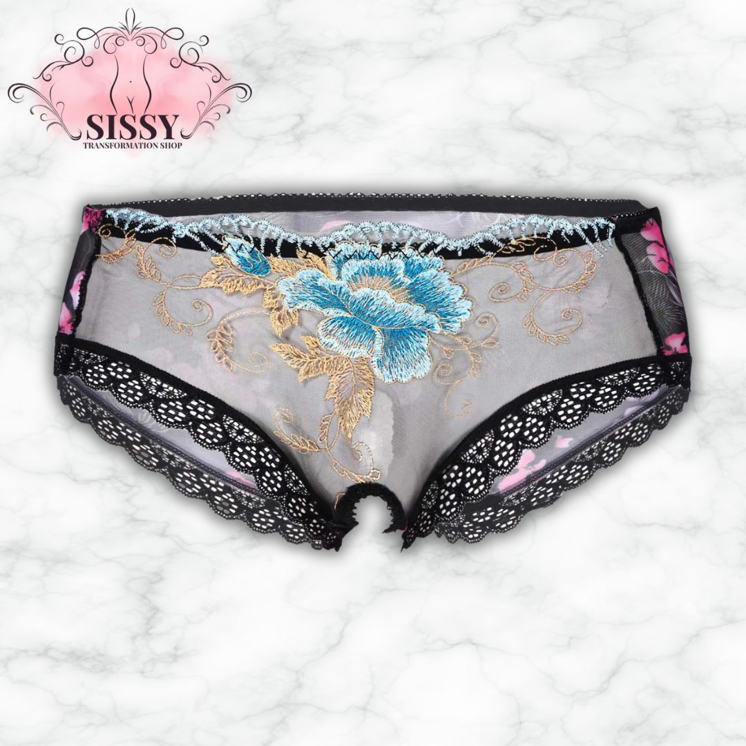 culotte sissy transparente noire avec broderie fleurie bleue et dentelle délicate