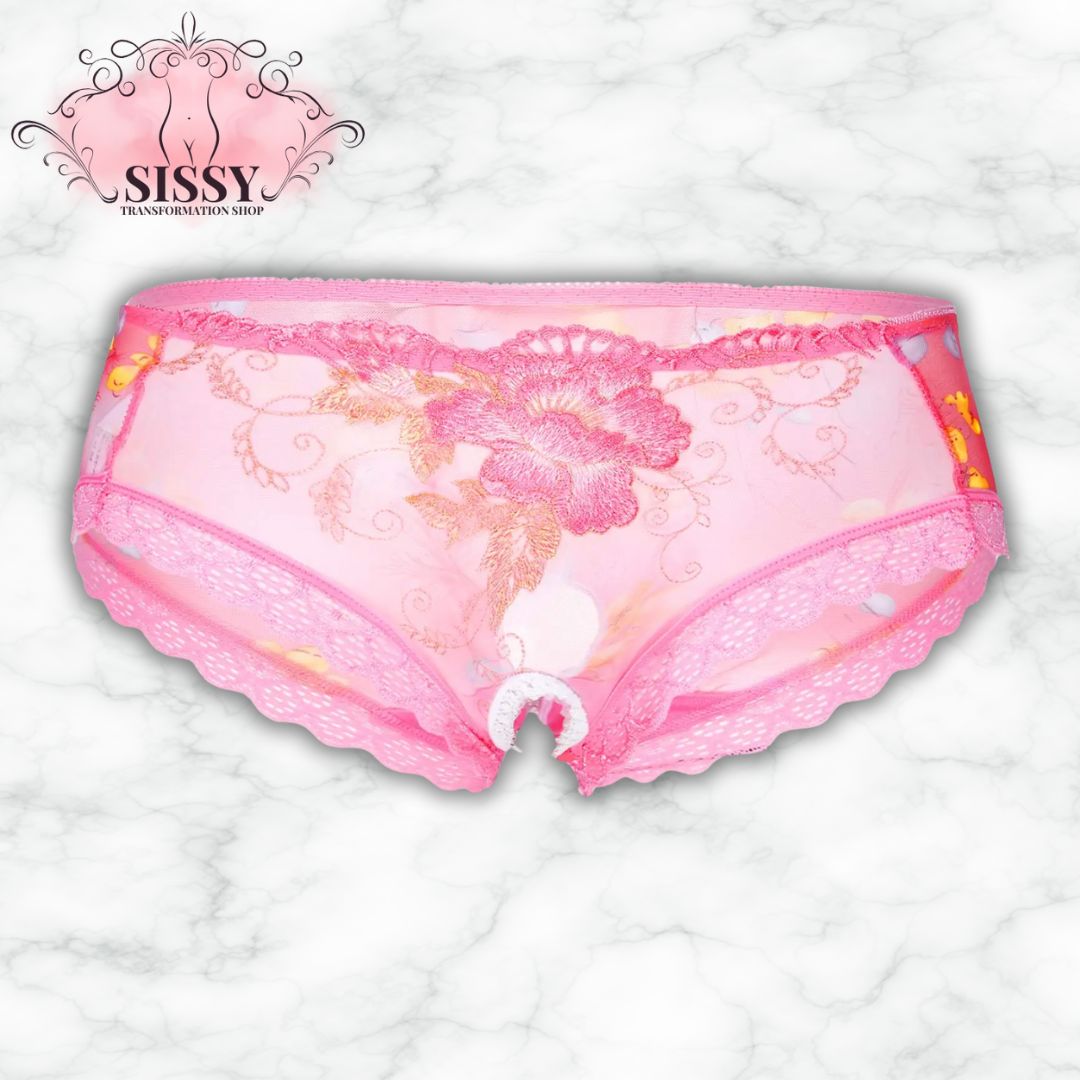 Culotte sissy transparente rose à dentelle florale délicate de Sissy Transformation Shop