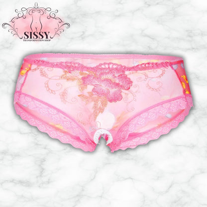 Culotte sissy transparente rose à dentelle florale délicate de Sissy Transformation Shop