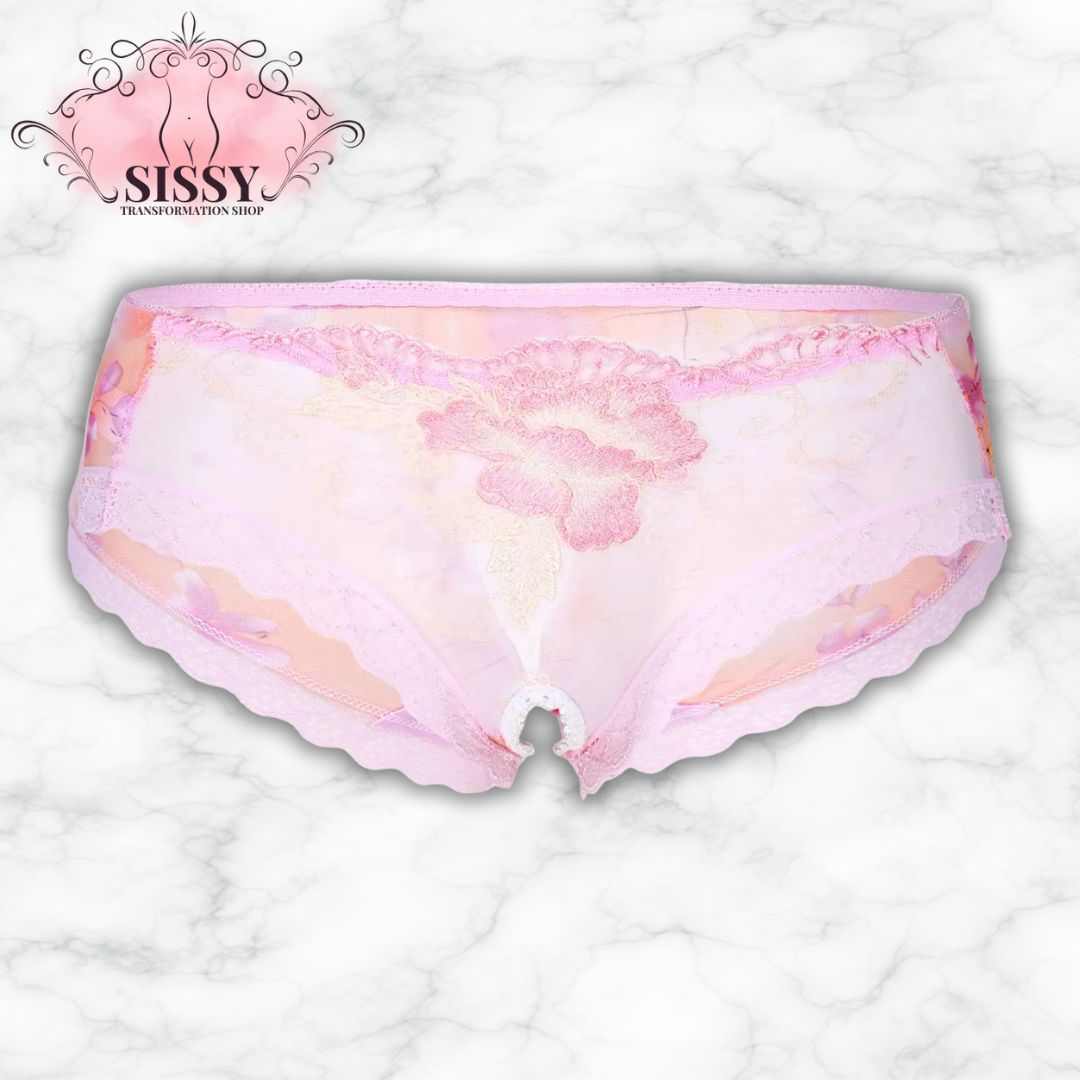 culotte sissy transparente rose avec broderie florale élégante vendue par Sissy Transformation Shop