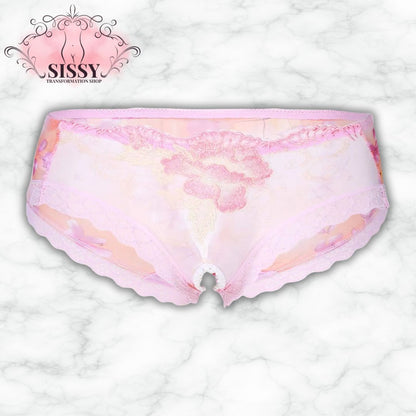 culotte sissy transparente rose avec broderie florale élégante vendue par Sissy Transformation Shop