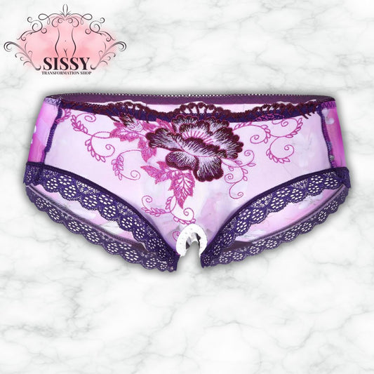 culotte sissy transparente violette avec broderies florales et dentelle fine par Sissy Transformation Shop