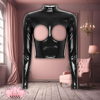 Débardeur sexy en similicuir noir brillant à manches longues avec découpes rondes au niveau de la poitrine