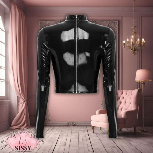 Débardeur sexy en similicuir noir brillant à manches longues avec fermeture éclair au dos