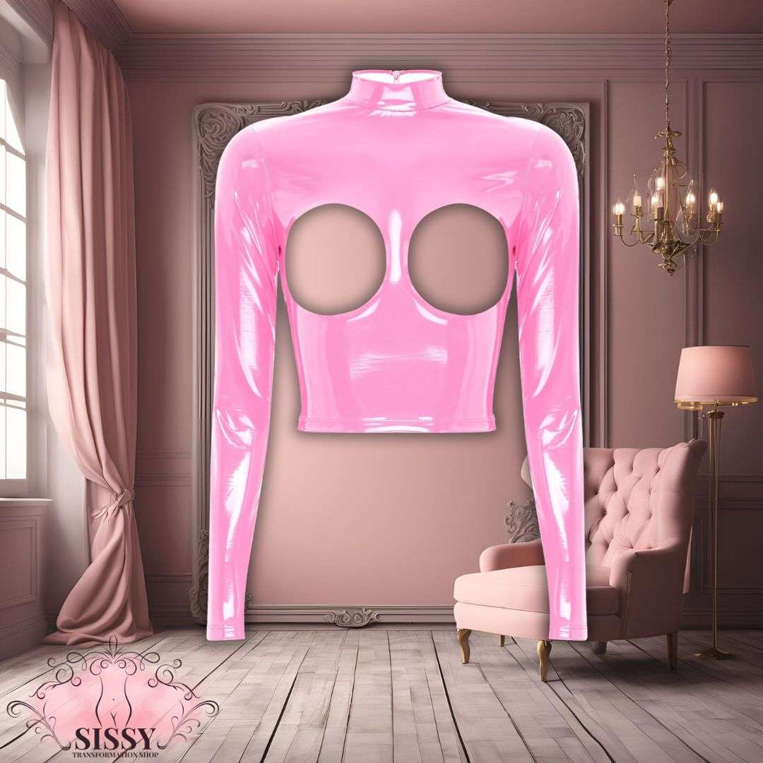 Débardeur sexy en similicuir rose à manches longues avec découpes circulaires pour lingerie