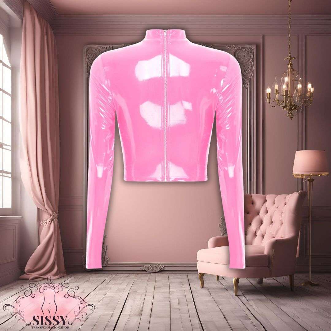 Débardeur sexy en similicuir rose brillant à manches longues avec fermeture éclair au dos