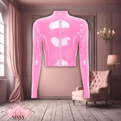 Débardeur sexy en similicuir rose brillant à manches longues avec fermeture éclair au dos