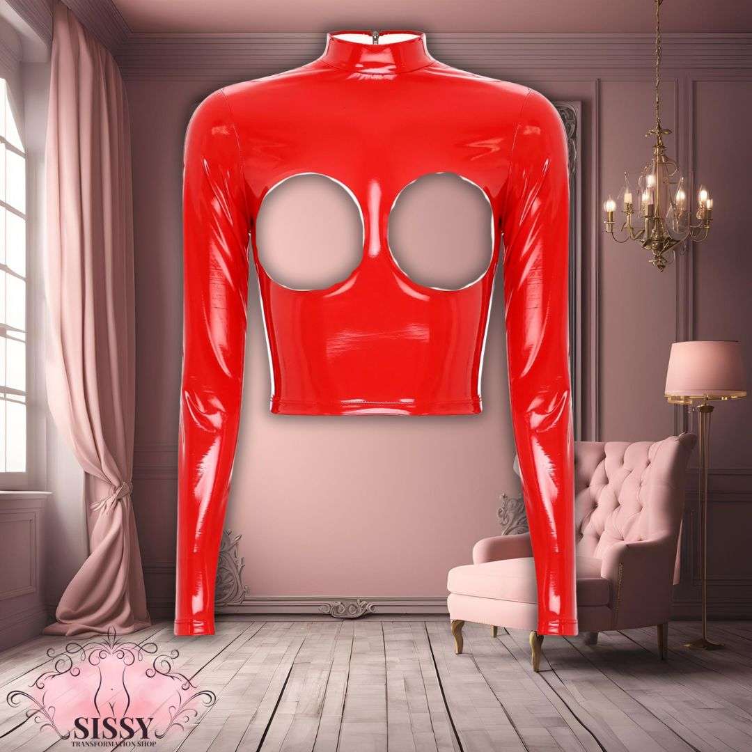 Débardeur sexy en similicuir rouge à manches longues avec ouverture poitrine iconique