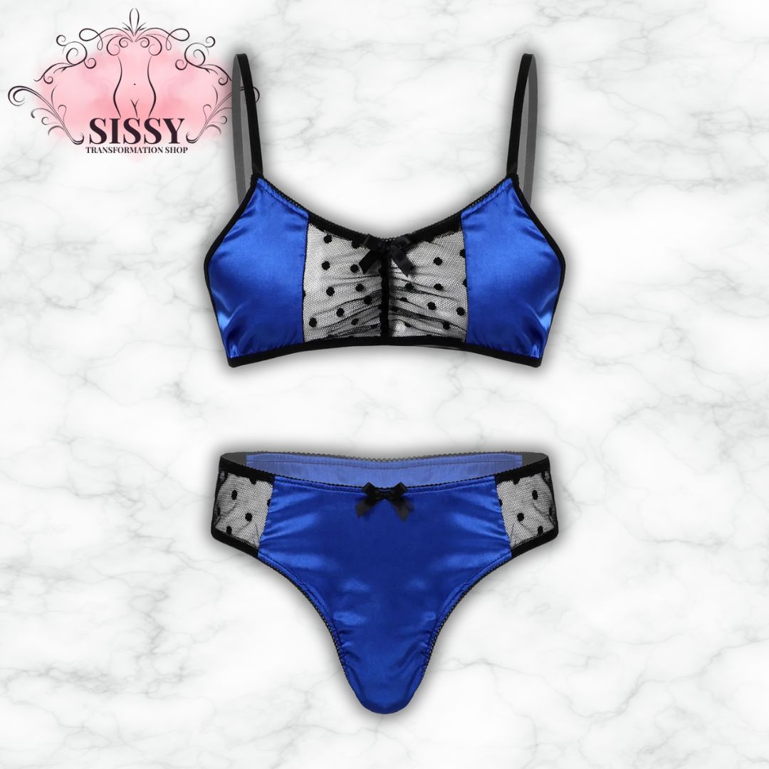 Ensemble lingerie satin & mesh pour homme en bleu avec détails en tulle à pois