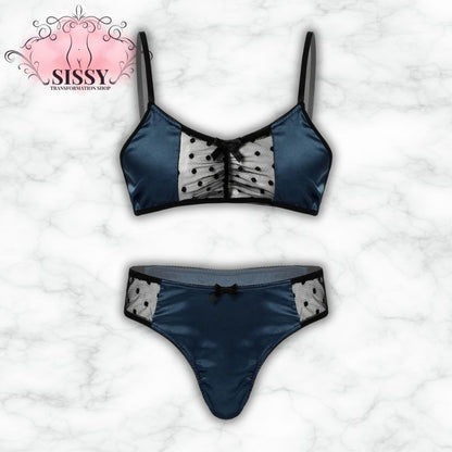 Ensemble lingerie satin & mesh pour homme en bleu avec détails en dentelle et nœud décoratif