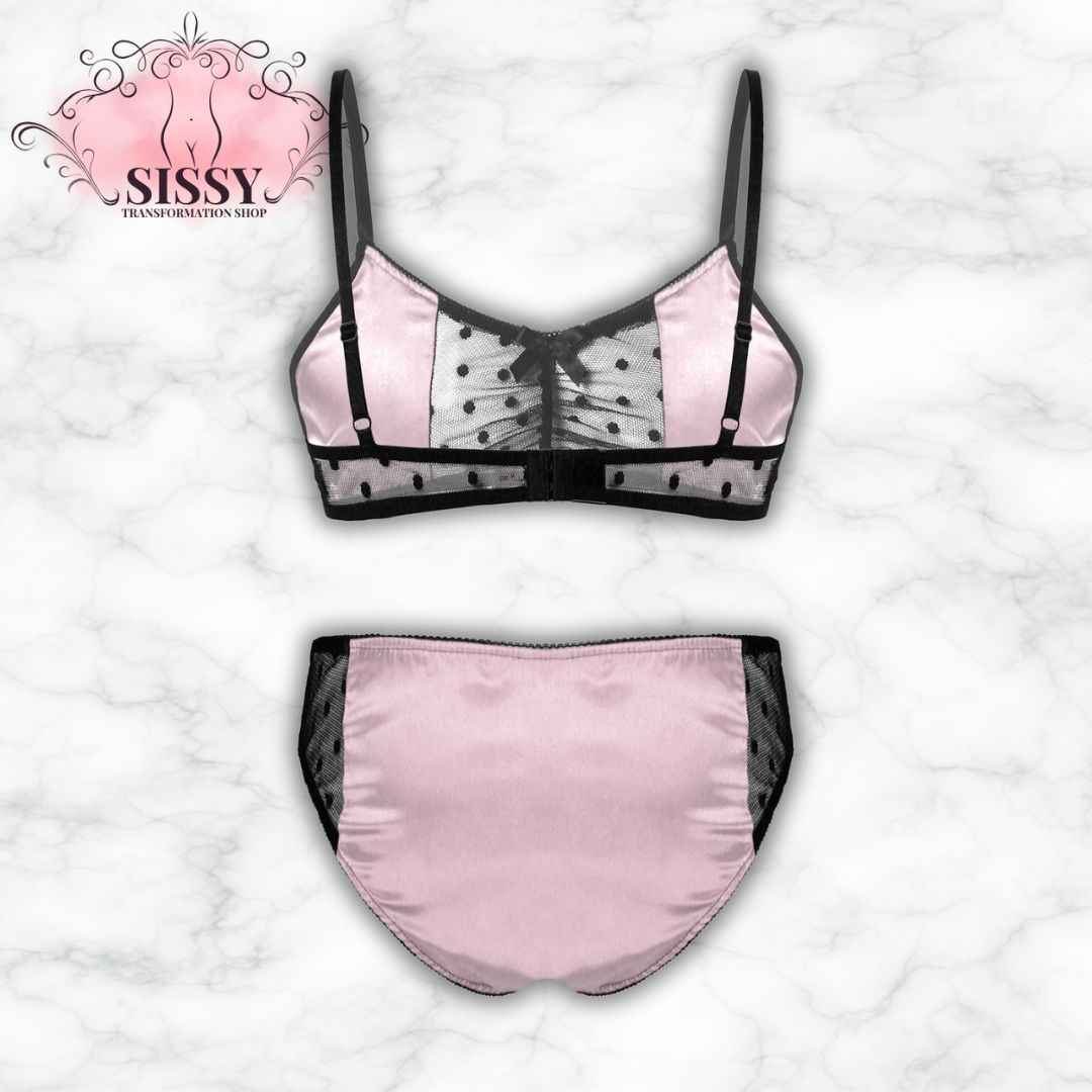 Ensemble lingerie satin & mesh pour homme en rose et noir avec des détails en polka dots