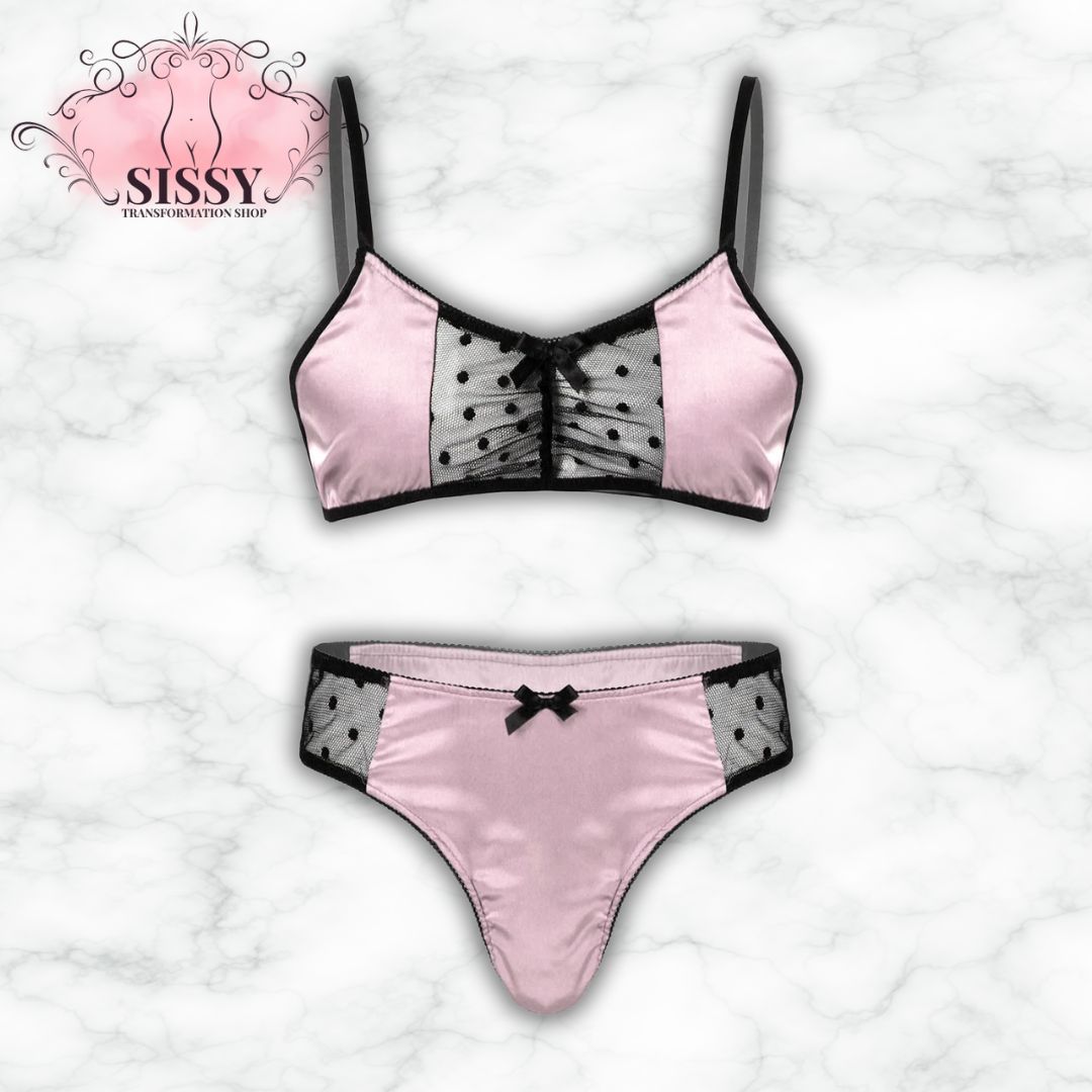 Ensemble lingerie satin & mesh pour homme en rose avec détails en noir et motif à pois