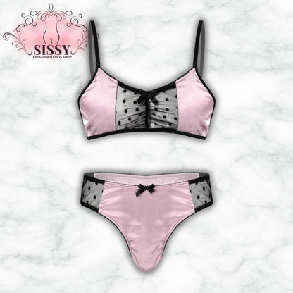 Ensemble lingerie satin & mesh pour homme en rose avec détails en noir et motif à pois