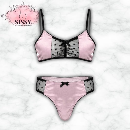 Ensemble lingerie satin & mesh pour homme en rose avec détails en noir et motif à pois